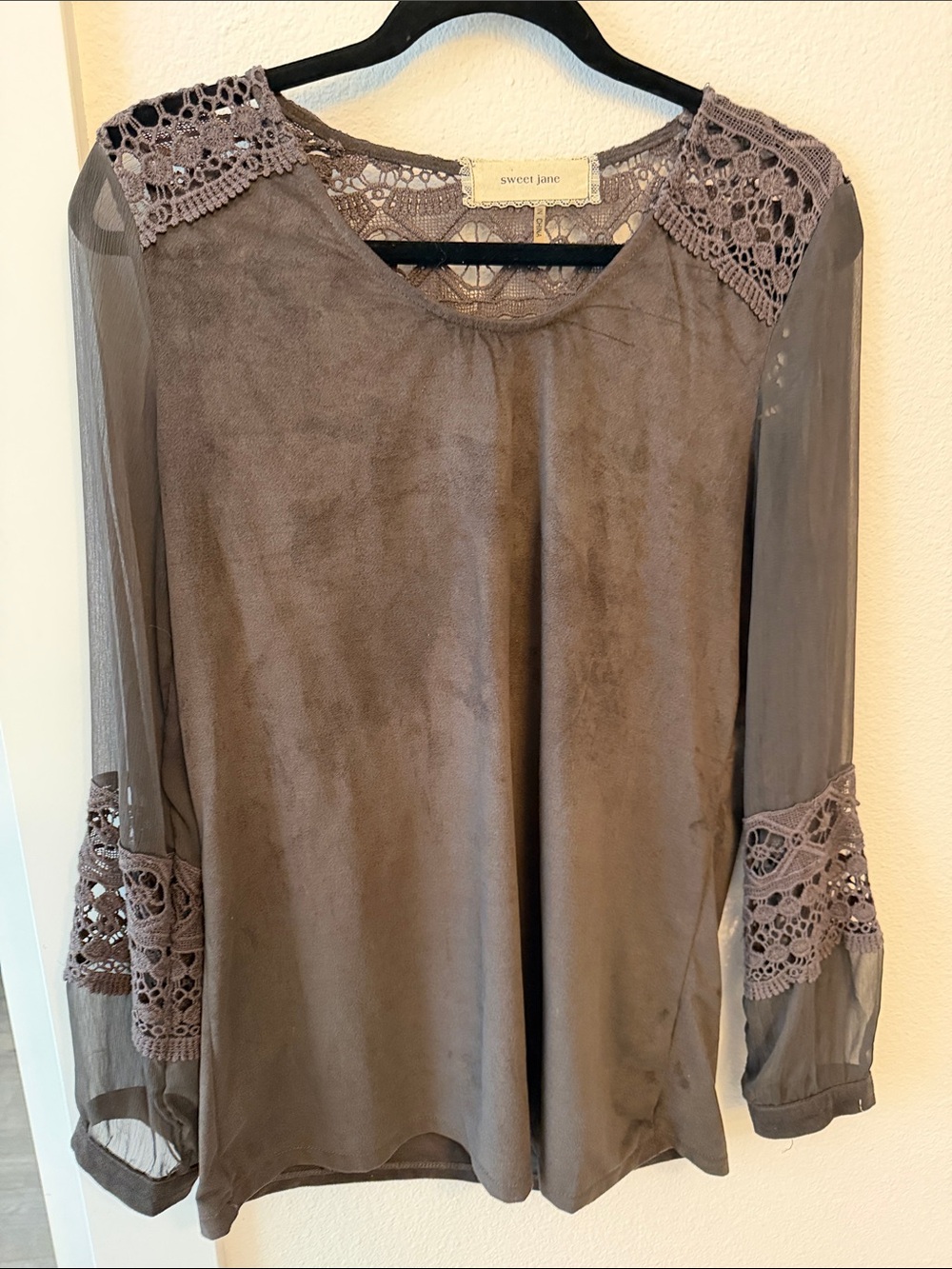 Sweet Jane Taupe Crochet-Trim Long Sleeve Blouse